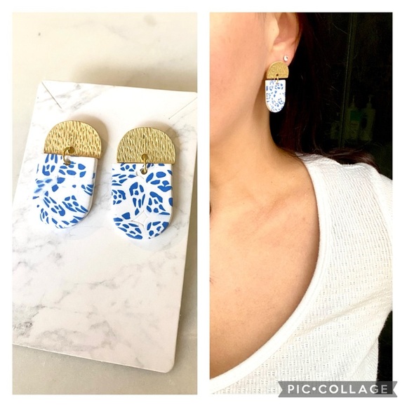 ✨Handmade/Handcrafted Polymer Clay Earrings Blue and White with Gold✨ - Picture 1 of 3